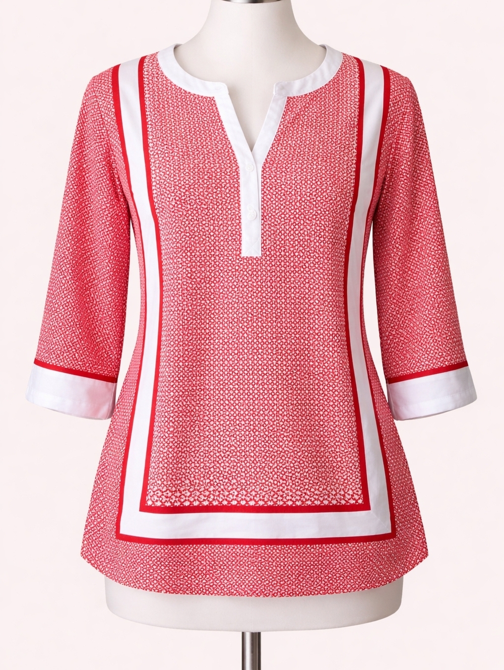Jones NY Retro Red White Geometric Print Shirt Medium Coastal Casual Resortwear